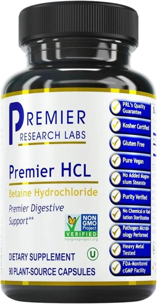 Premier Research Labs Betaine HCL Supplement - 90 Vegetarian Capsules for Optimal Digestive Function and Nutrient Absorption