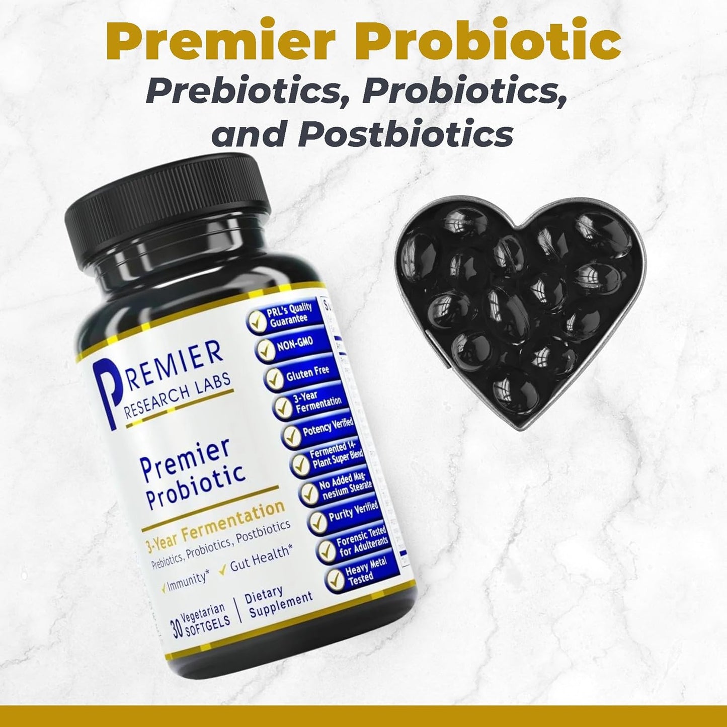 Premier Research Labs Quadbiotic Probiotic Blend for Women & Men - 60 Vegetarian Softgel Capsules - Pre, Pro, & Postbiotics
