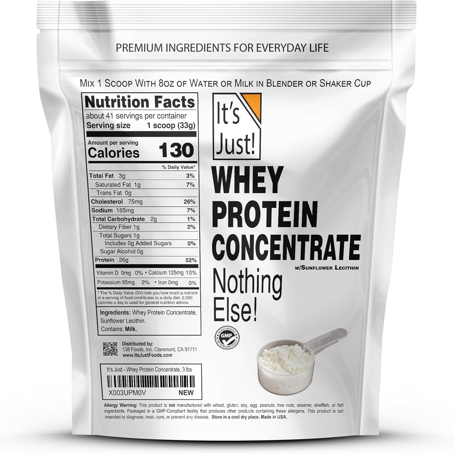 Premium 100% Whey Protein Concentrate, Made in USA, rBGH/RBST Hormone Free, WPC-80, No Flavors or Sweeteners - 3lb Unflavored