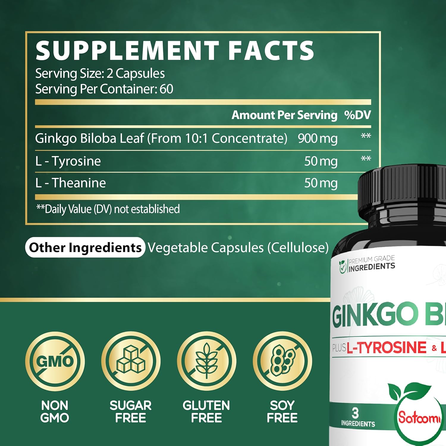 Premium 1000mg Ginkgo Biloba Capsules with L-Tyrosine and L-Theanine - 2-Month Supply for Focus, Memory, Brain Health, and Vision - Satoomi Supplement