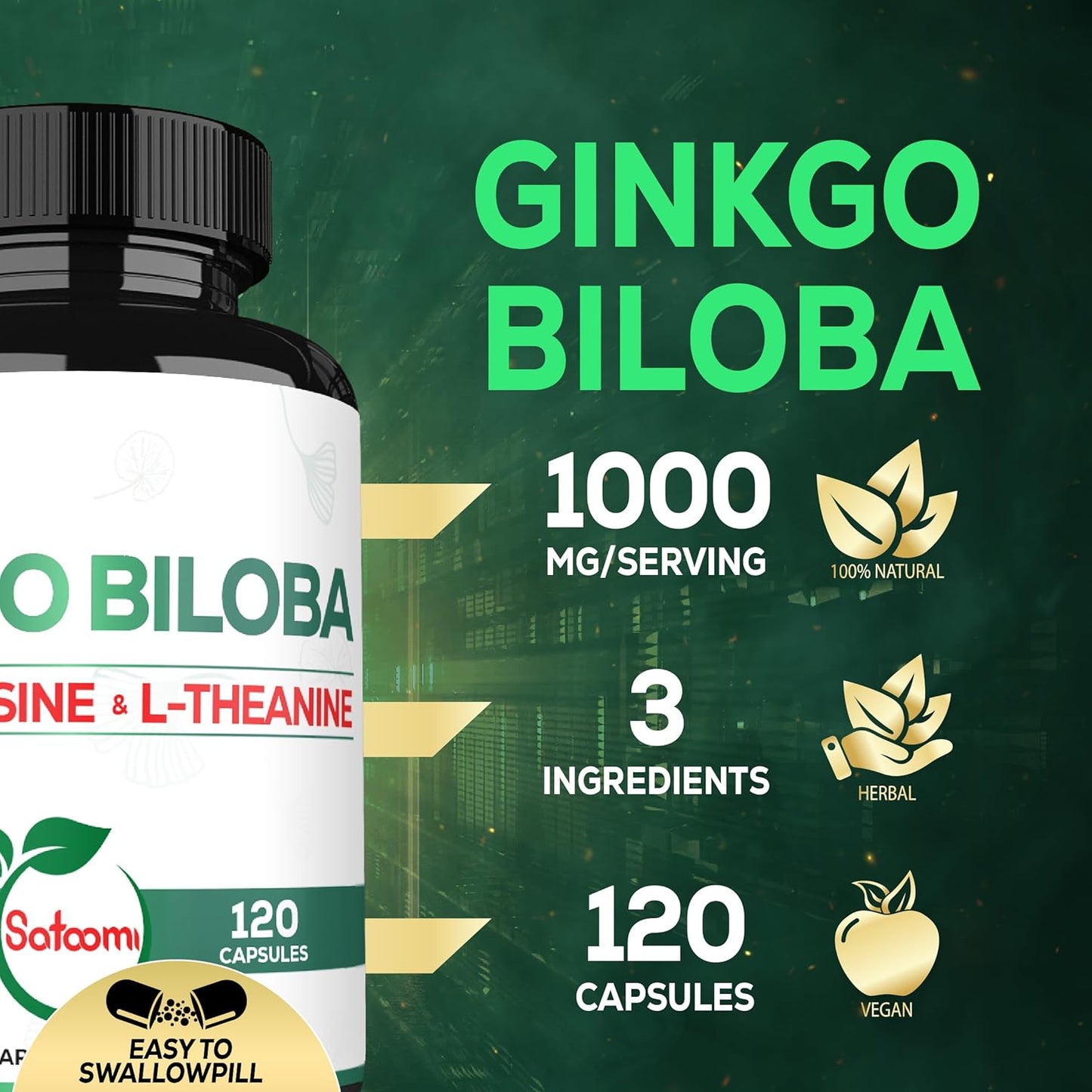Premium 1000mg Ginkgo Biloba Capsules with L-Tyrosine and L-Theanine - 2-Month Supply for Focus, Memory, Brain Health, and Vision - Satoomi Supplement