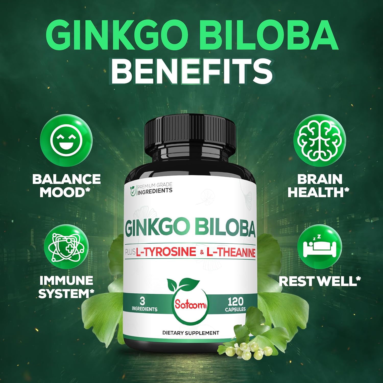 Premium 1000mg Ginkgo Biloba Capsules with L-Tyrosine and L-Theanine - 2-Month Supply for Focus, Memory, Brain Health, and Vision - Satoomi Supplement