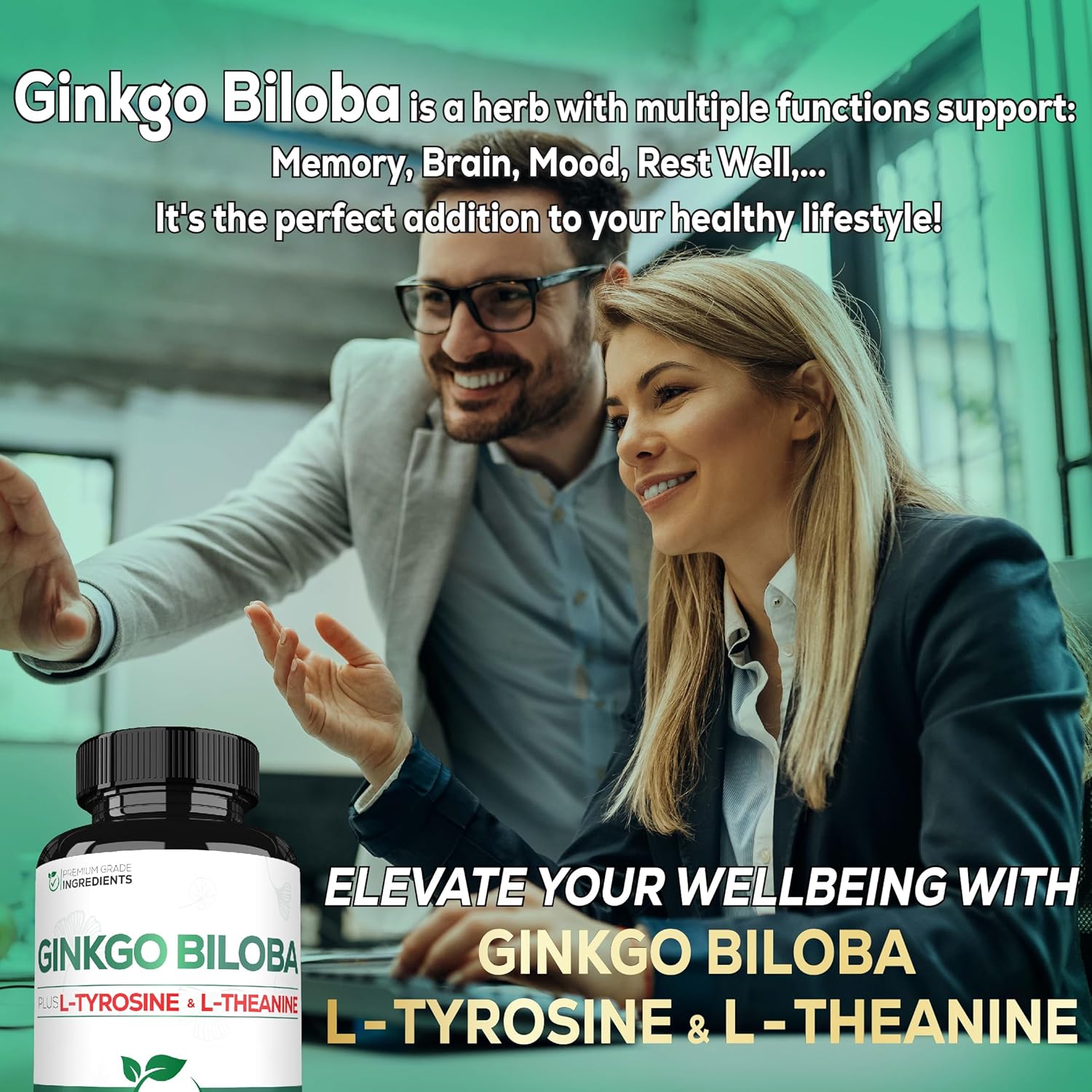 Premium 1000mg Ginkgo Biloba Capsules with L-Tyrosine and L-Theanine - 2-Month Supply for Focus, Memory, Brain Health, and Vision - Satoomi Supplement