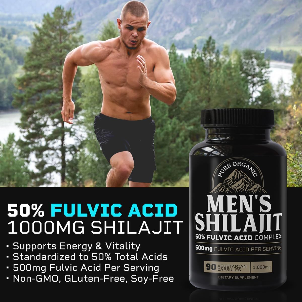 Premium 1000mg Shilajit Capsules for Men with 50% Fulvic Acid - 90 Vegan Capsules - Made in USA - Authentic Pure Himalayan Shilajit with 85+ Trace Minerals - Superior to Resin