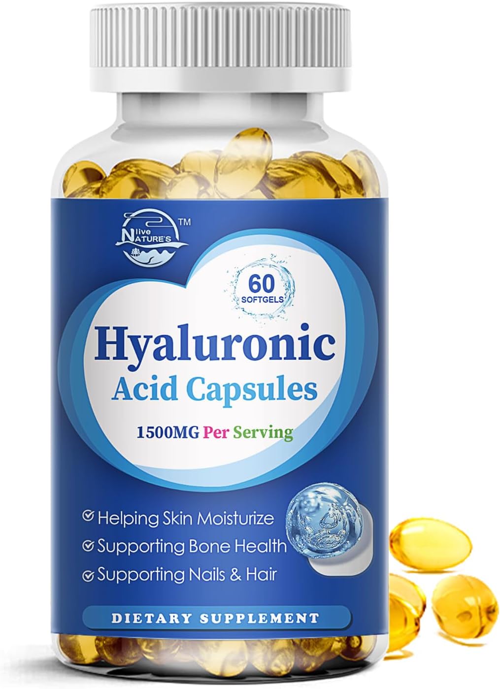 Premium 1500mg Hyaluronic Acid Supplements for Skin, Joints, Hair & Nails - 60 Capsules - Double Strength Formula for Hydration