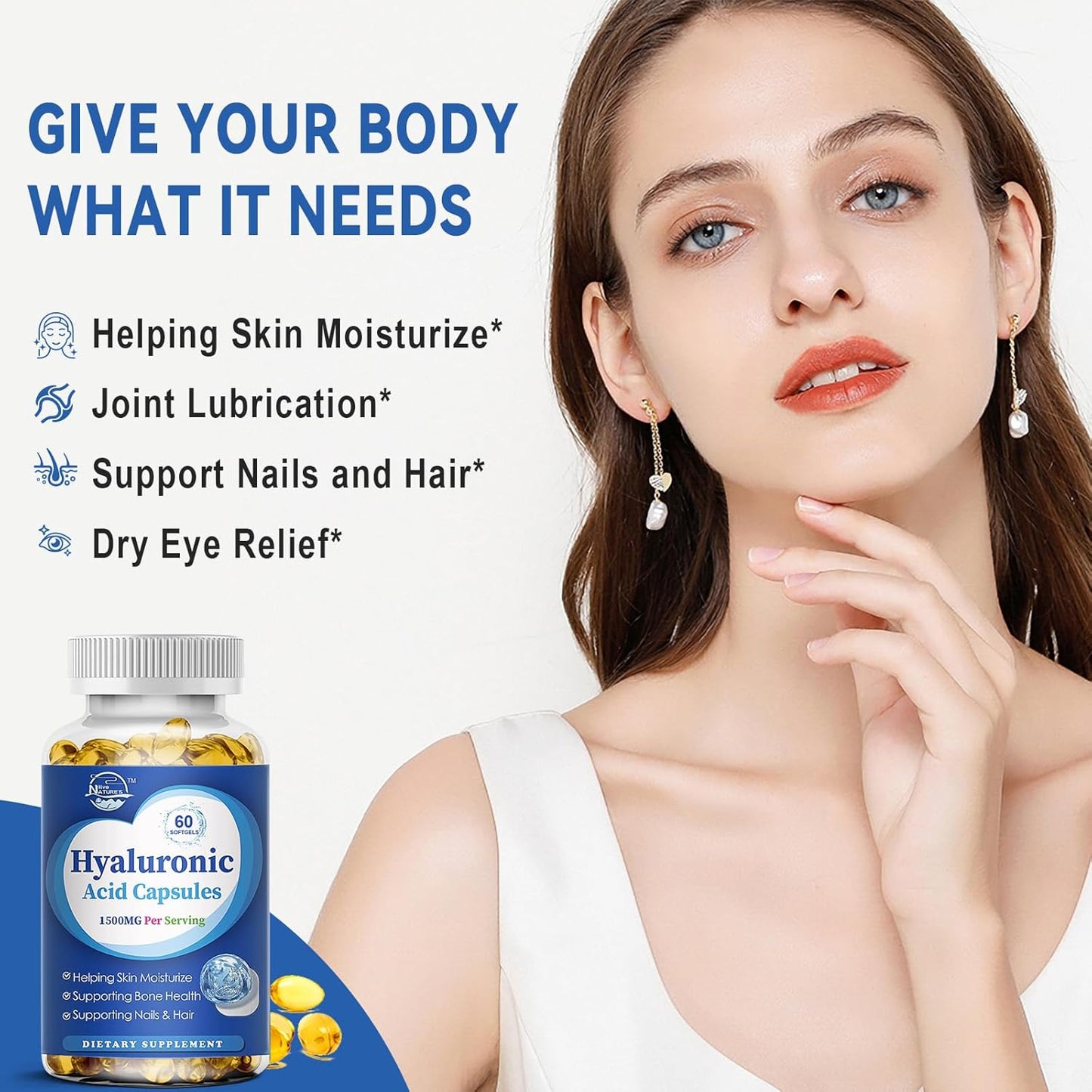 Premium 1500mg Hyaluronic Acid Supplements for Skin, Joints, Hair & Nails - 60 Capsules - Double Strength Formula for Hydration