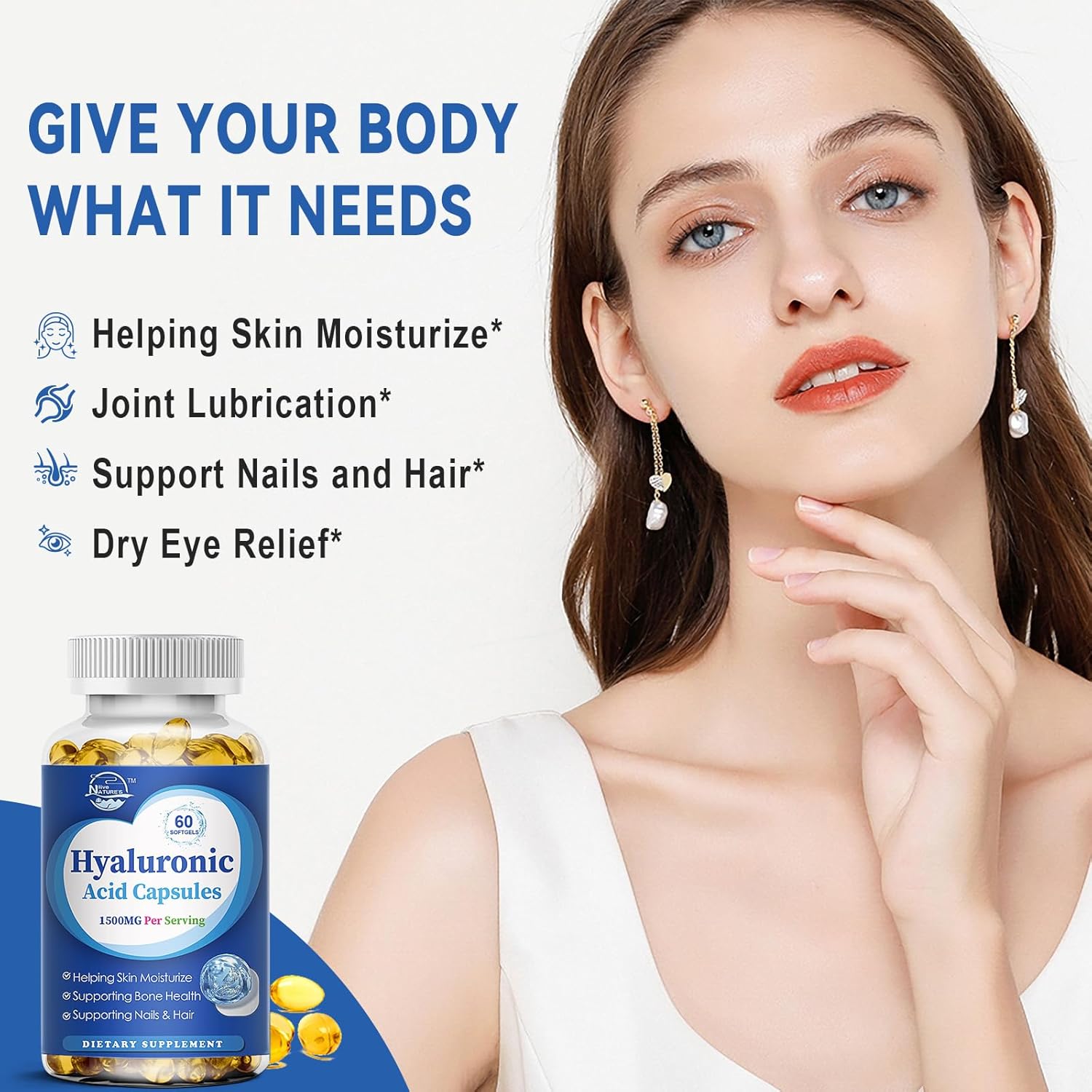 Premium 1500mg Hyaluronic Acid Supplements for Skin, Joints, Hair & Nails - 60 Capsules - Double Strength Formula for Hydration