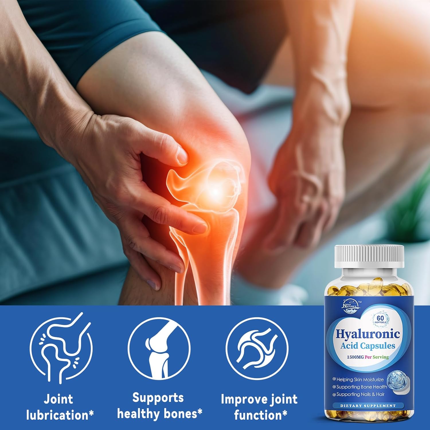 Premium 1500mg Hyaluronic Acid Supplements for Skin, Joints, Hair & Nails - 60 Capsules - Double Strength Formula for Hydration