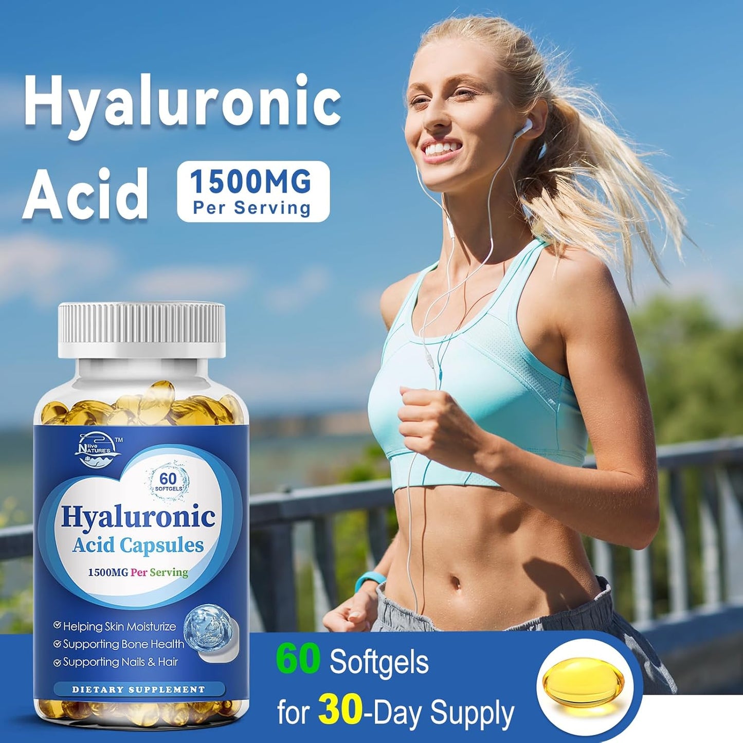 Premium 1500mg Hyaluronic Acid Supplements for Skin, Joints, Hair & Nails - 60 Capsules - Double Strength Formula for Hydration