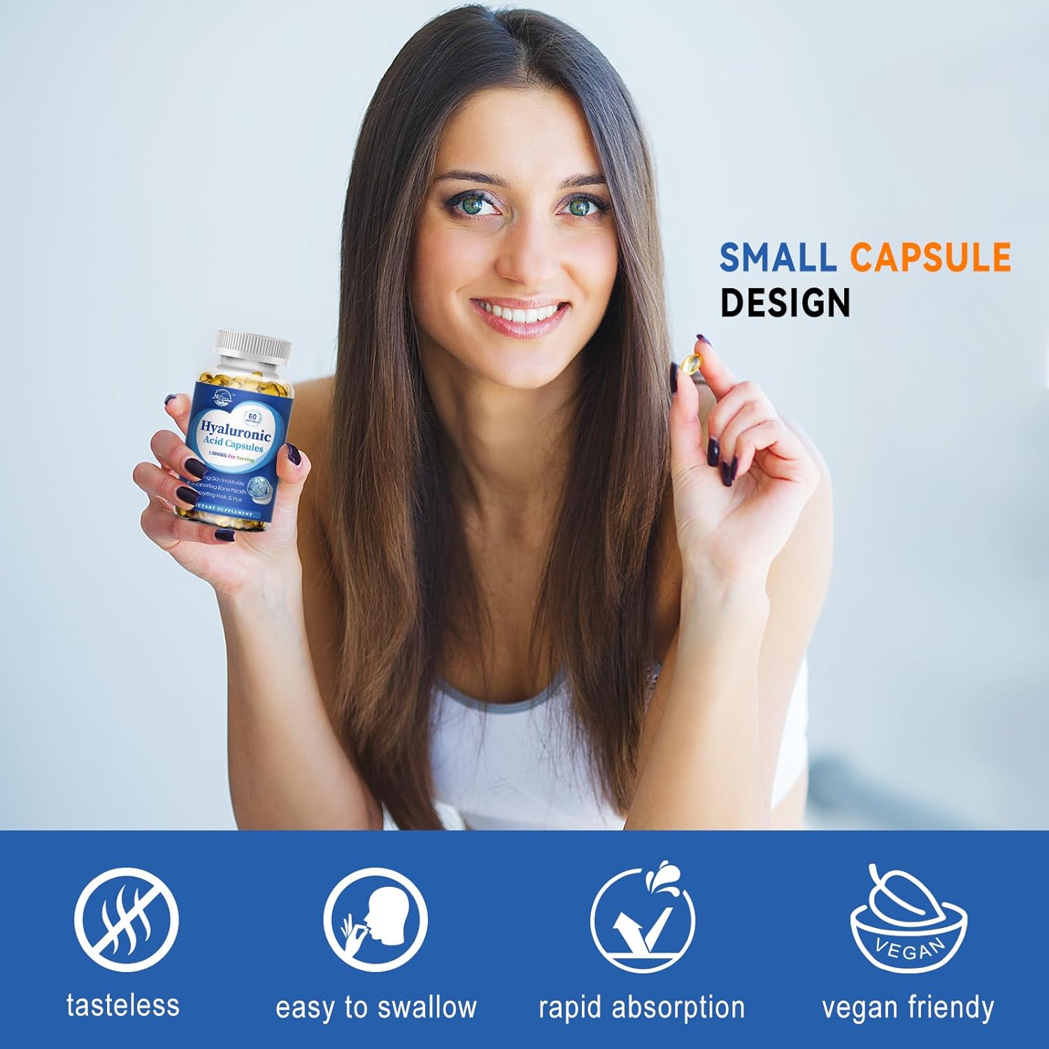 Premium 1500mg Hyaluronic Acid Supplements for Skin, Joints, Hair & Nails - 60 Capsules - Double Strength Formula for Hydration