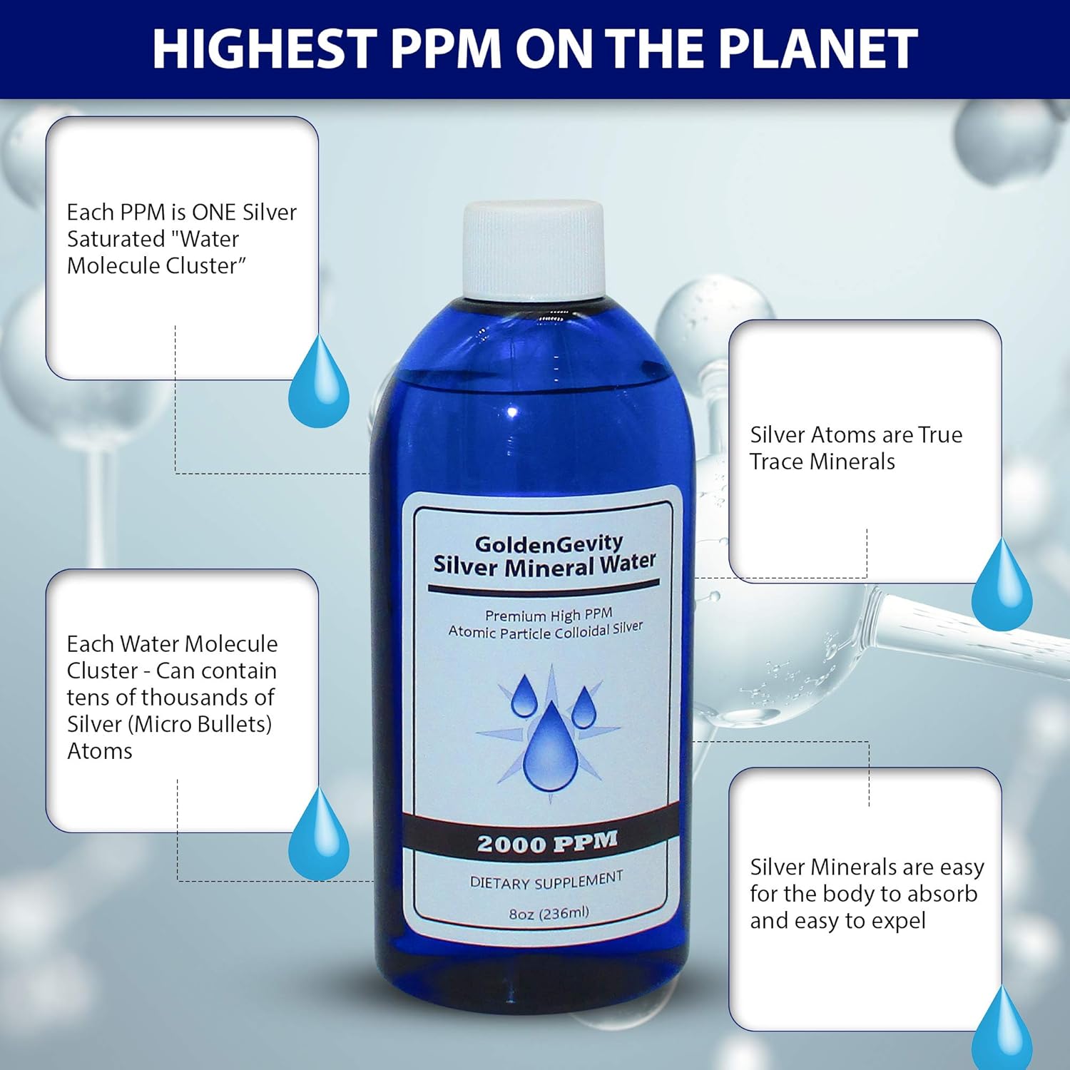 Premium 2000 PPM Bioactive Atomic Colloidal Silver 8 oz - Non-Toxic Non-GMO Mineral Immune Support