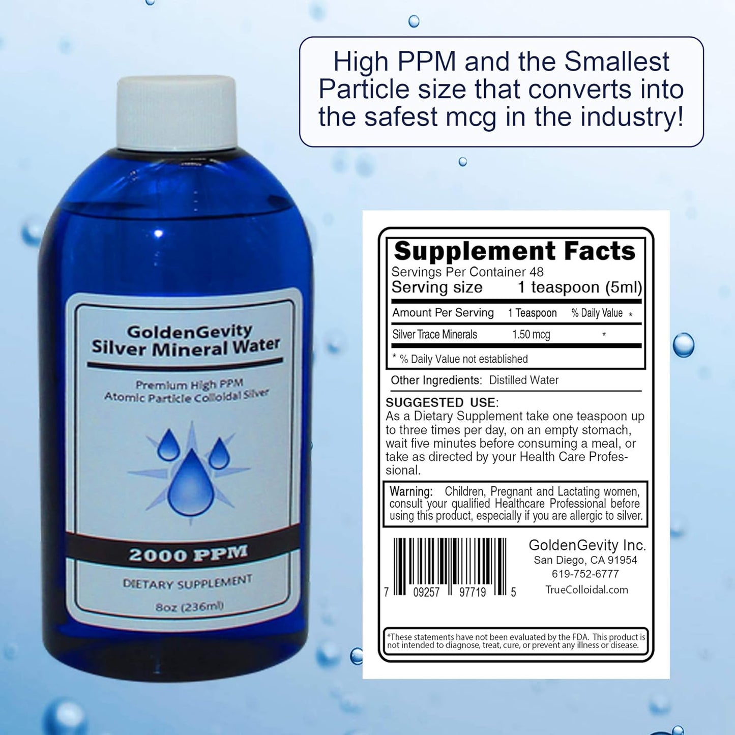Premium 2000 PPM Bioactive Atomic Colloidal Silver 8 oz - Non-Toxic Non-GMO Mineral Immune Support