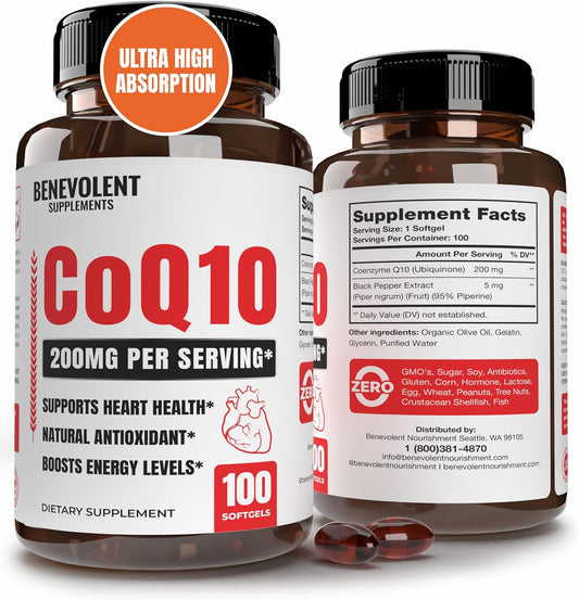 Premium 200mg CoQ10 Softgels for Heart Health & Energy Production - Antioxidant Formula for Healthy Aging - Non-GMO - 100 Count