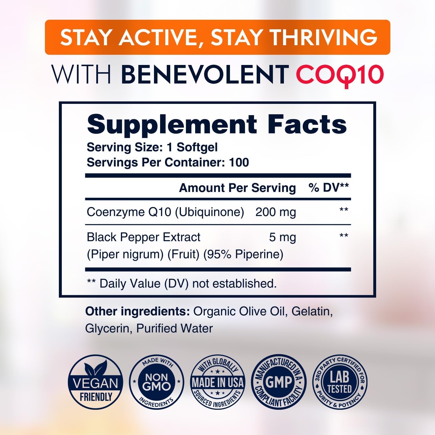 Premium 200mg CoQ10 Softgels for Heart Health & Energy Production - Antioxidant Formula for Healthy Aging - Non-GMO - 100 Count
