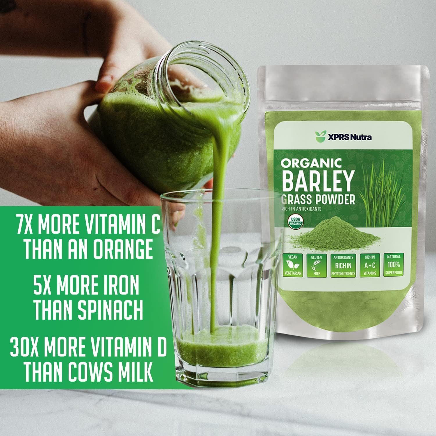 Premium 4oz Organic Barley Grass Powder - Rich in Antioxidants, Amino Acids, and Protein - Superfood for Immunity - XPRS Nutra