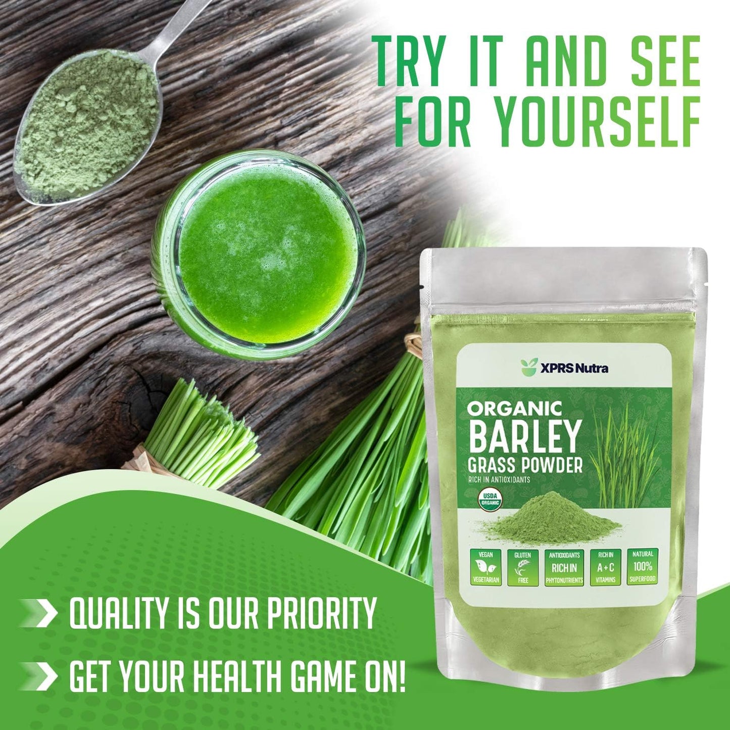 Premium 4oz Organic Barley Grass Powder - Rich in Antioxidants, Amino Acids, and Protein - Superfood for Immunity - XPRS Nutra