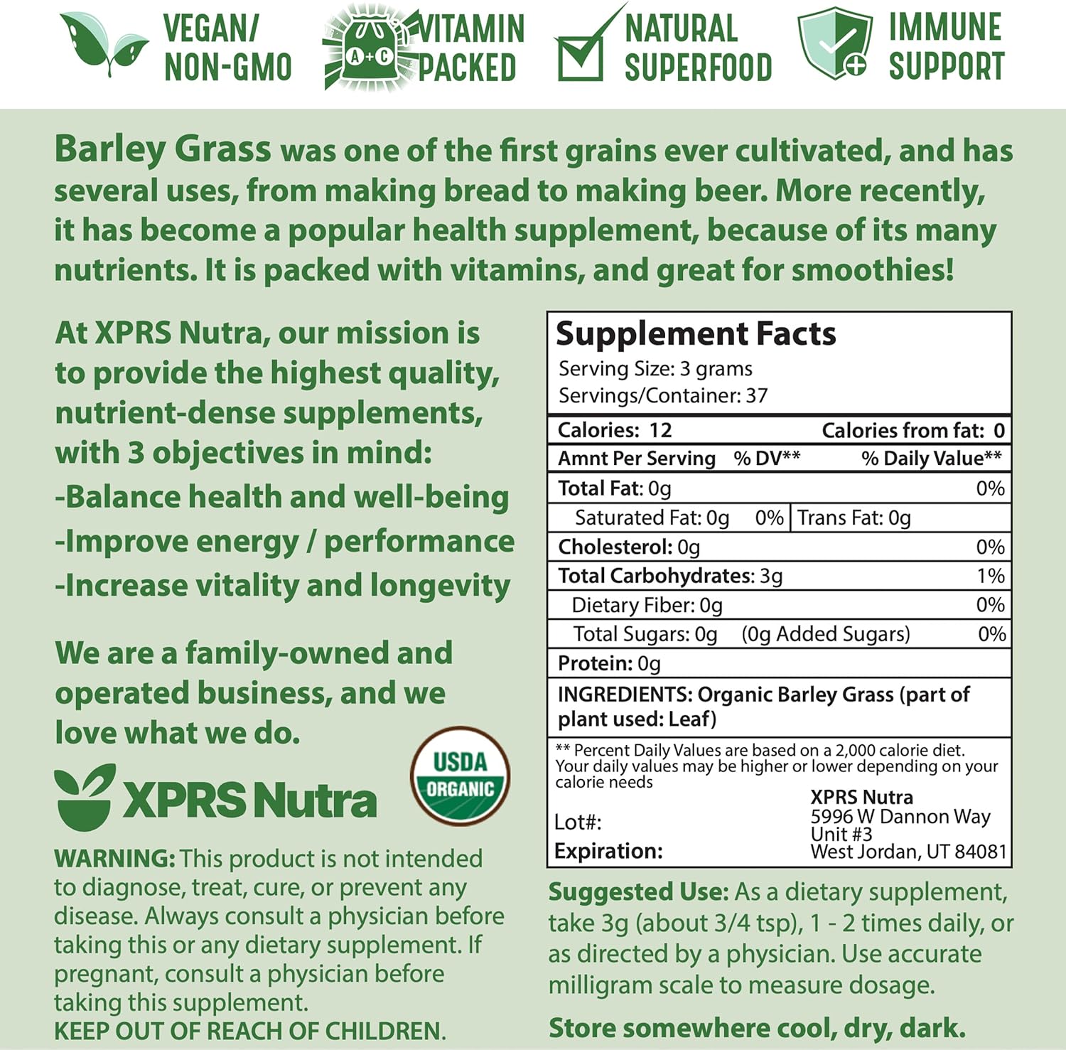 Premium 4oz Organic Barley Grass Powder - Rich in Antioxidants, Amino Acids, and Protein - Superfood for Immunity - XPRS Nutra