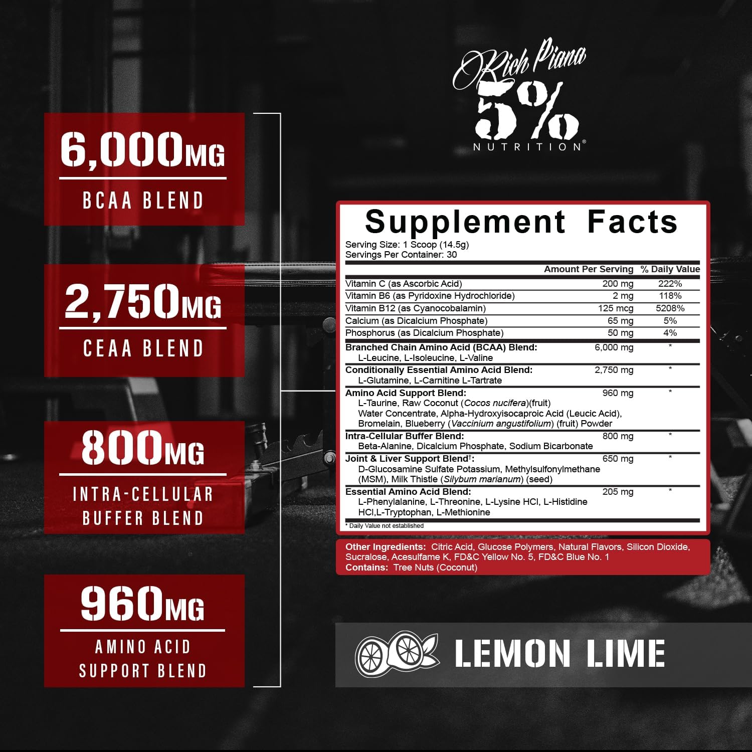 Premium 5% Nutrition Rich Piana AllDayYouMay BCAA Powder - Lemon Lime Flavor - 15.3 oz - 30 Servings - Ideal for Hydration, Endurance, Muscle Recovery & Joint Support