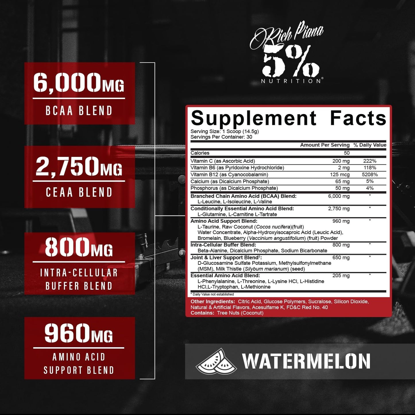 Premium 5% Nutrition Rich Piana AllDayYouMay BCAA Powder for Hydration & Muscle Recovery - Watermelon Flavor, 15.3 oz, 30 Servings