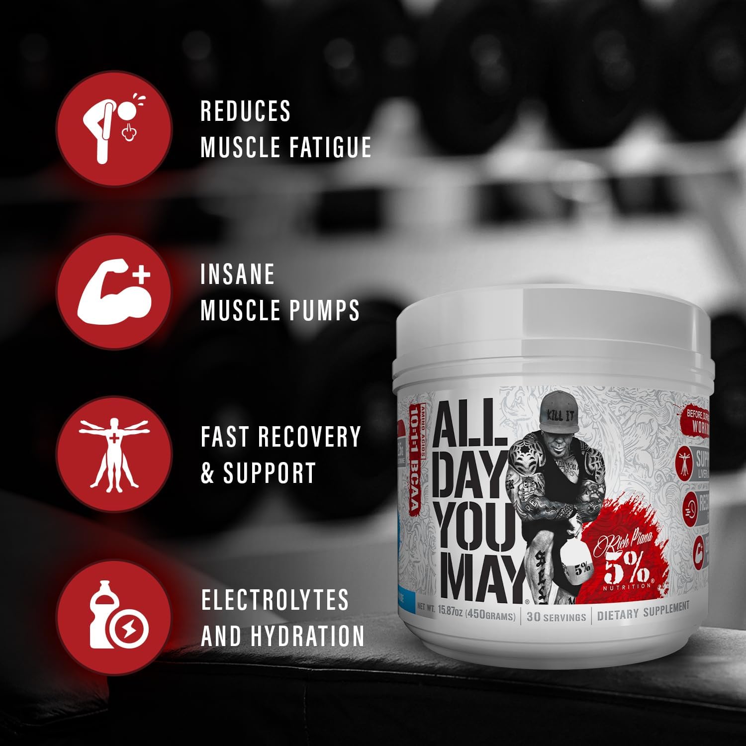 Premium 5% Nutrition Rich Piana AllDayYouMay BCAA Powder - Lemon Lime Flavor - 15.3 oz - 30 Servings - Ideal for Hydration, Endurance, Muscle Recovery & Joint Support