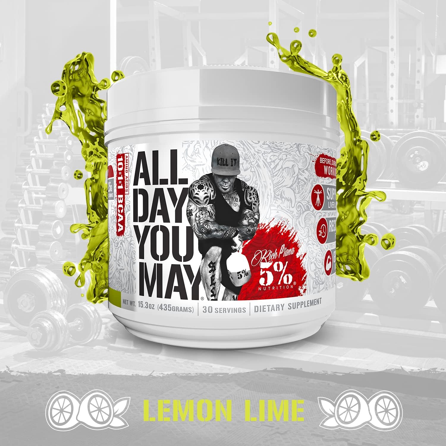 Premium 5% Nutrition Rich Piana AllDayYouMay BCAA Powder - Lemon Lime Flavor - 15.3 oz - 30 Servings - Ideal for Hydration, Endurance, Muscle Recovery & Joint Support