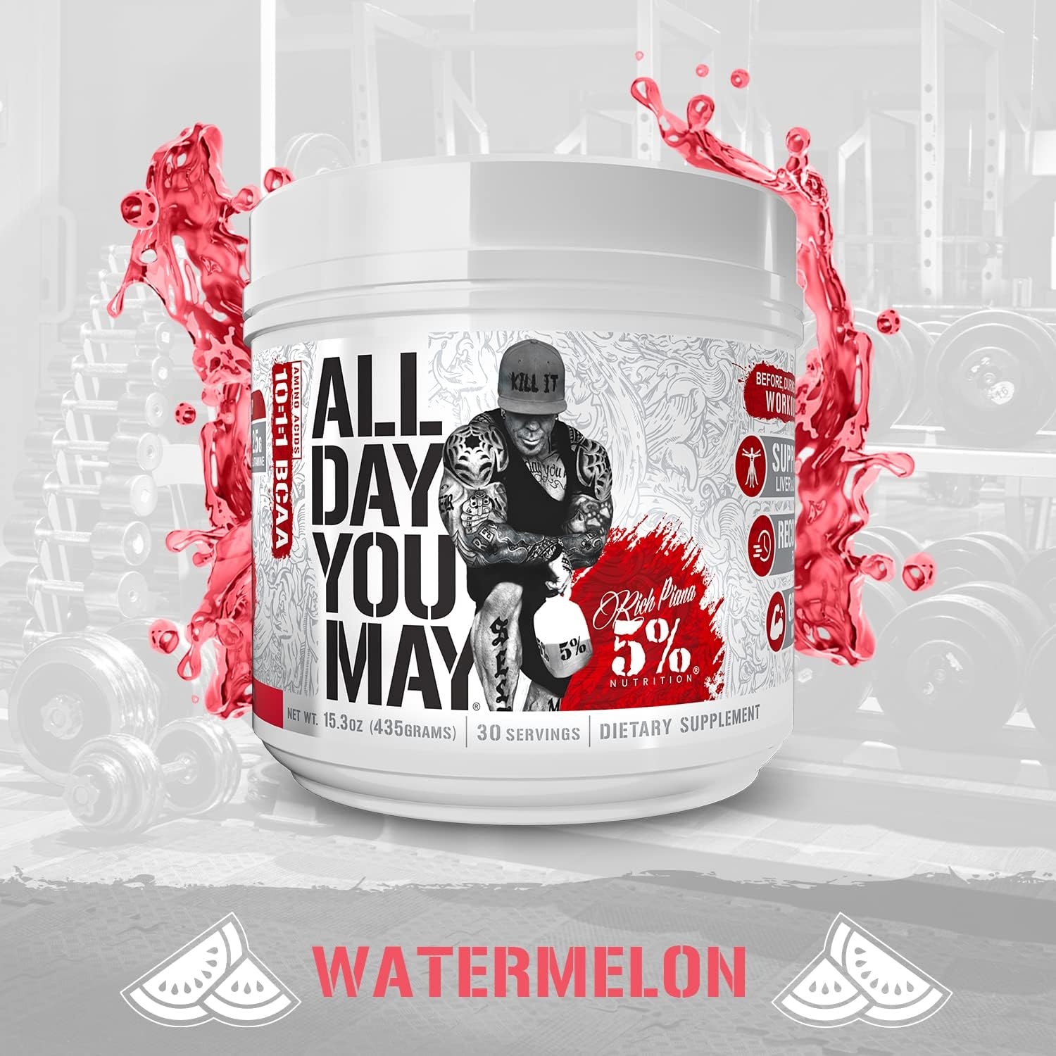 Premium 5% Nutrition Rich Piana AllDayYouMay BCAA Powder for Hydration & Muscle Recovery - Watermelon Flavor, 15.3 oz, 30 Servings