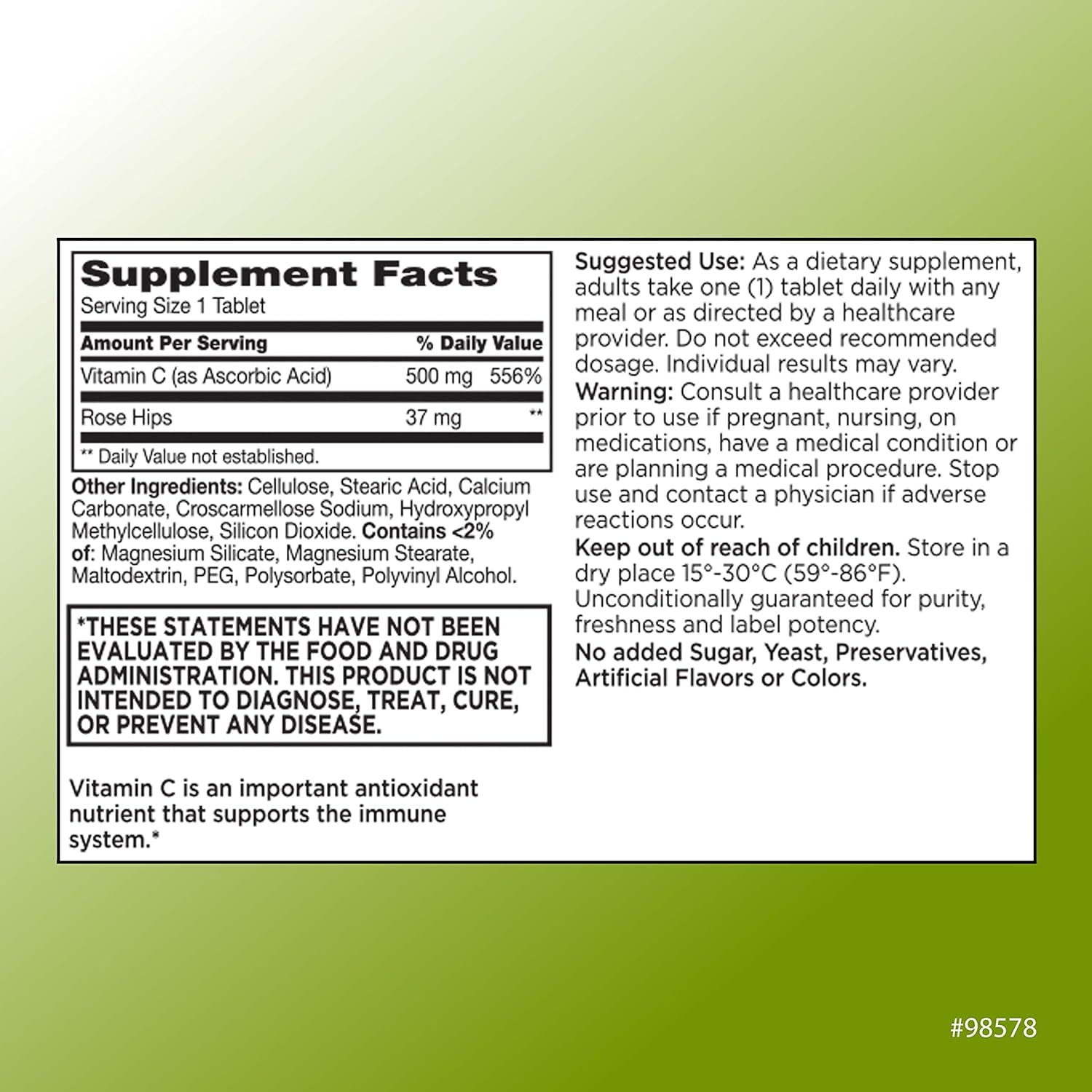 Premium 500mg Vitamin C with Rose Hip Tablets for Immune System - 100 Count Bottle