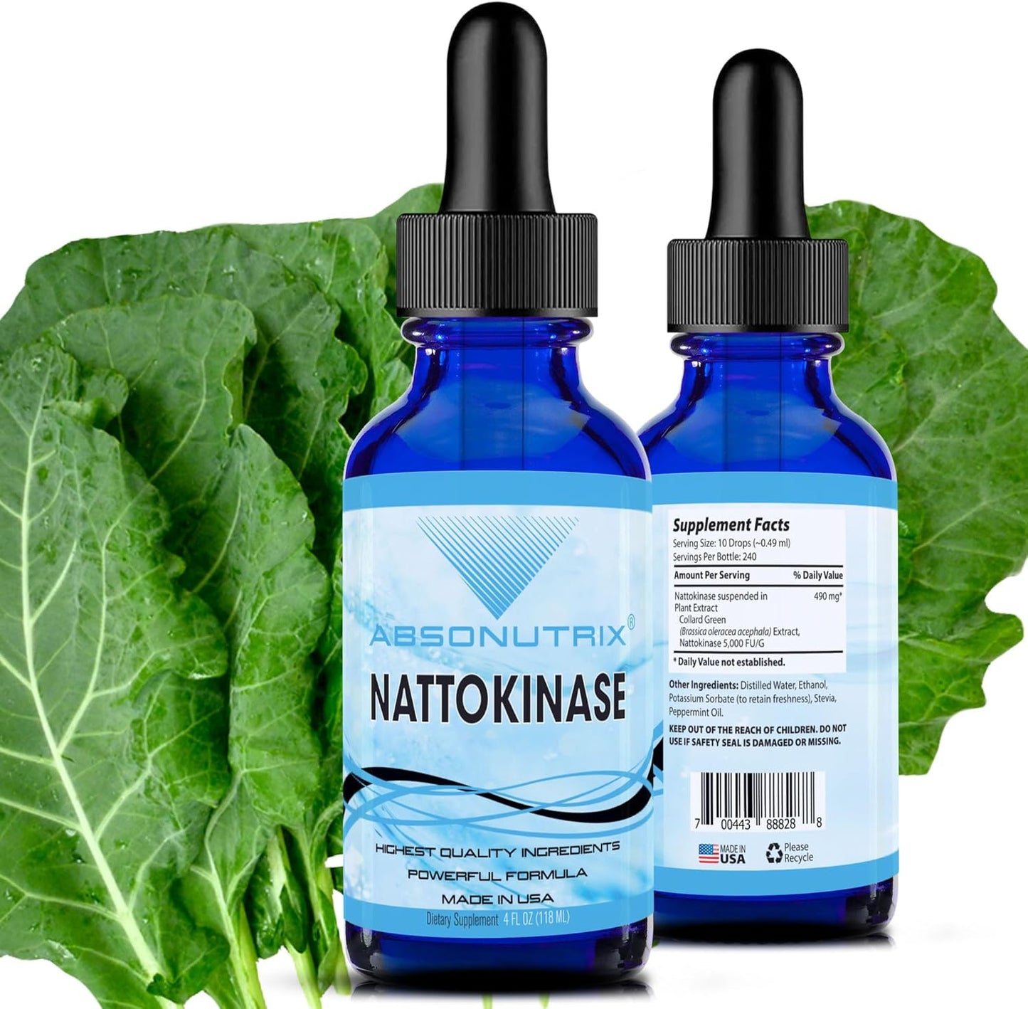 Premium Absonutrix Nattokinase Liquid Supplement - 490mg, 4oz, 240 Servings, 5000 FU, USA Made, Fast Absorption, Potent Non-GMO Ingredients, GMP Certified & Cruelty-Free