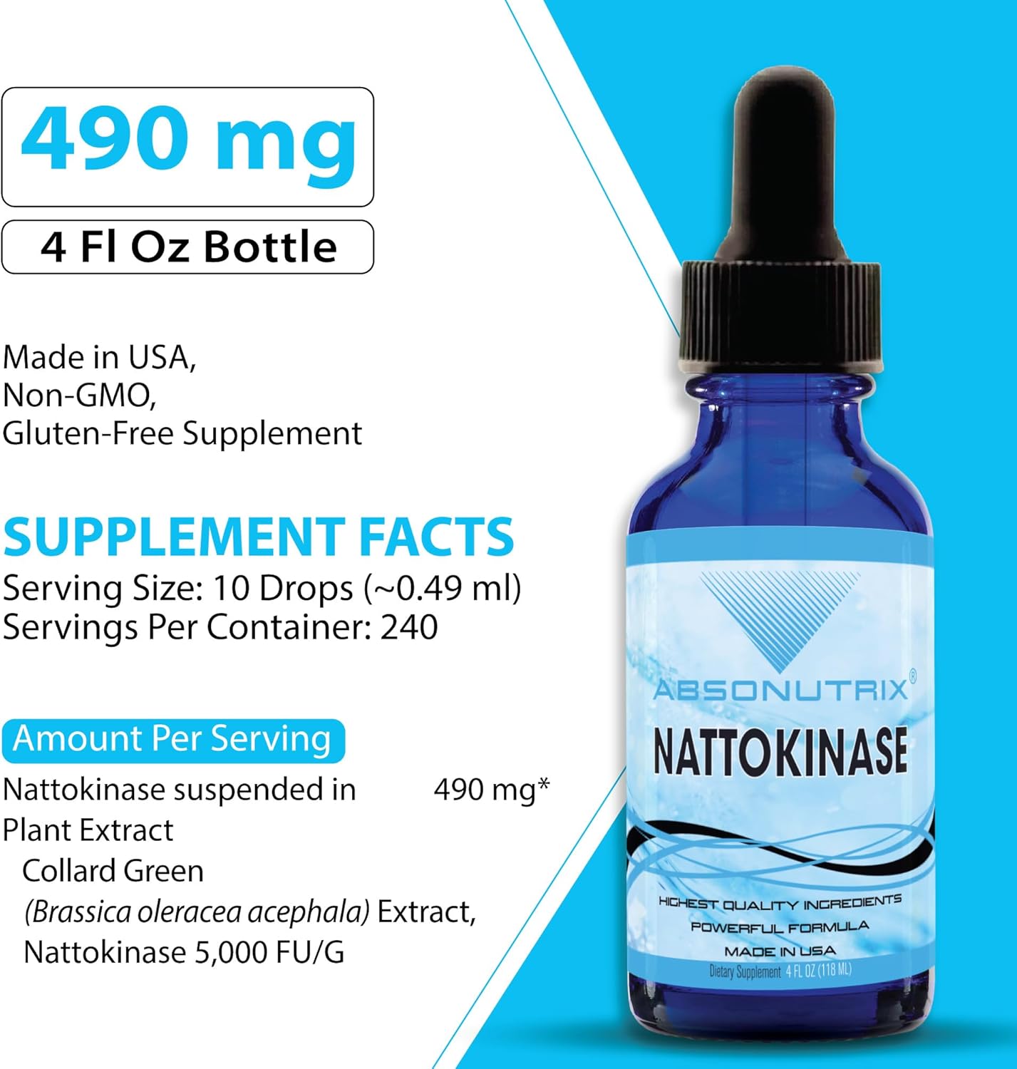 Premium Absonutrix Nattokinase Liquid Supplement - 490mg, 4oz, 240 Servings, 5000 FU, USA Made, Fast Absorption, Potent Non-GMO Ingredients, GMP Certified & Cruelty-Free