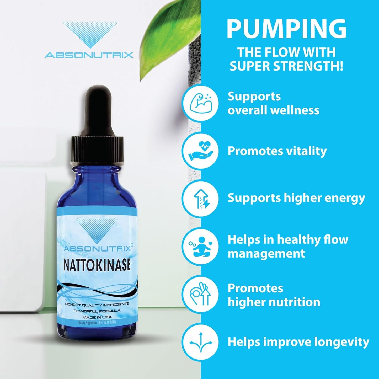 Premium Absonutrix Nattokinase Liquid Supplement - 490mg, 4oz, 240 Servings, 5000 FU, USA Made, Fast Absorption, Potent Non-GMO Ingredients, GMP Certified & Cruelty-Free