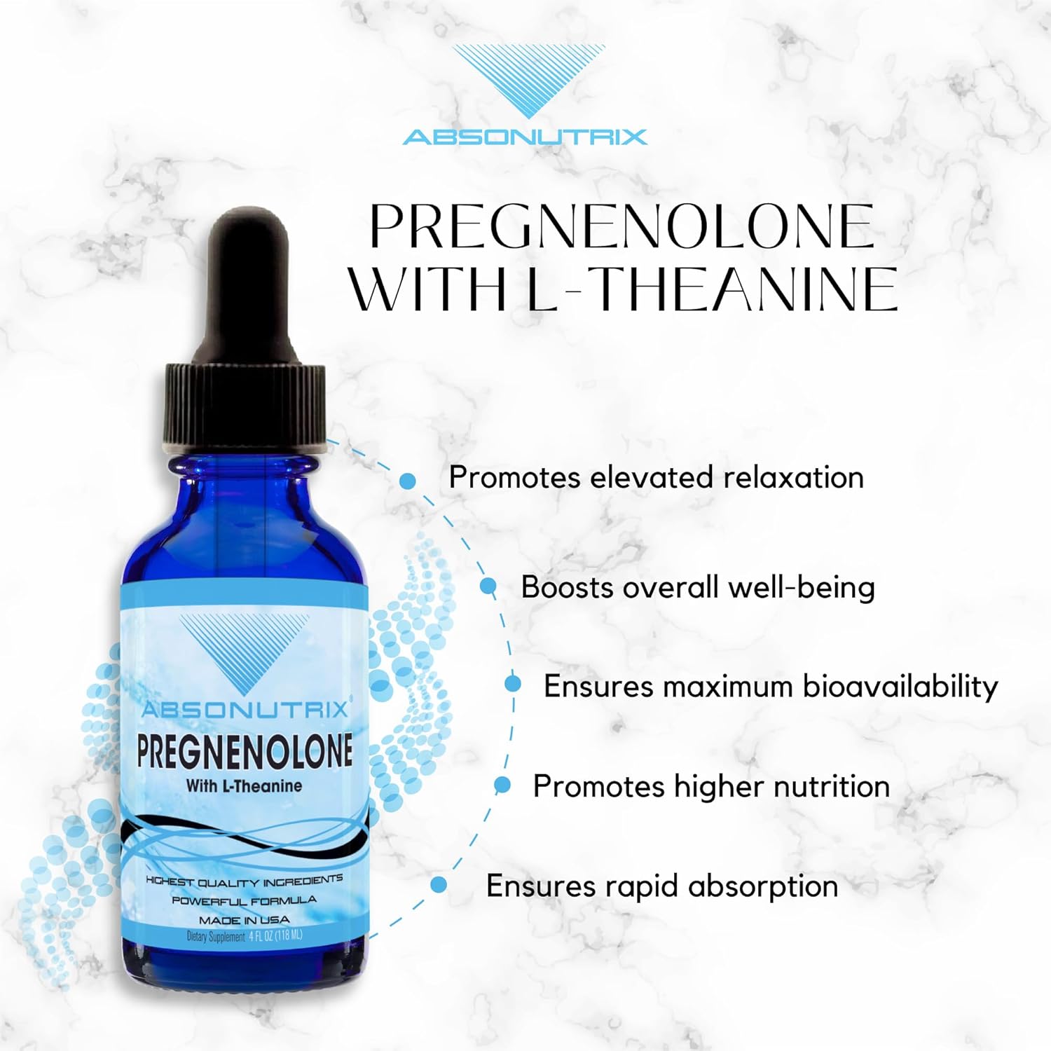 Premium Absonutrix Pregnenolone with L-Theanine Liquid - 390mg, 4 Oz, 302 Servings - USA Made, Fast Absorption, High-Quality Ingredients, Non-GMO, GMP Certified