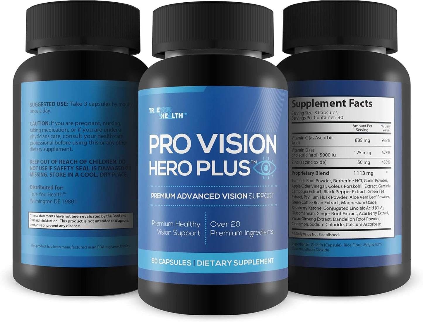 Premium Advanced Vision Support Supplement for Healthy Day & Night Vision - Reduce Eye Strain & Pressure - Vitamin, Mineral, & Herbal Formula - Aid Eye Health with True You Health Pro Vision Hero Plus