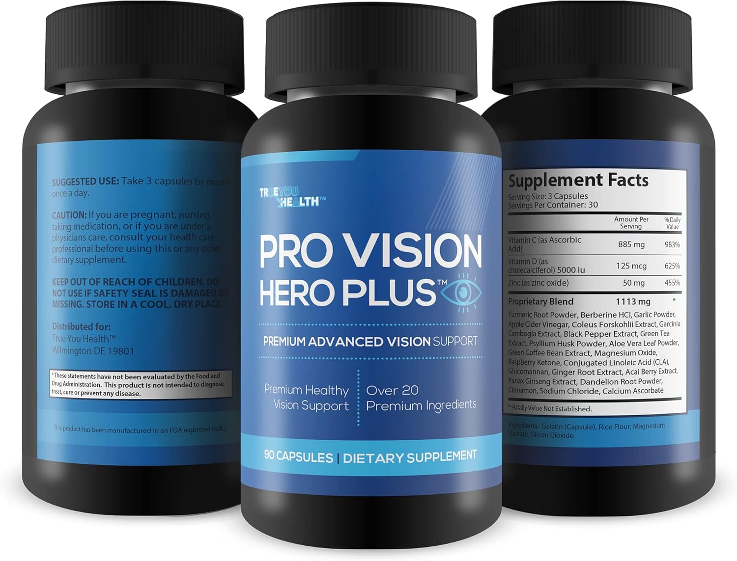 Premium Advanced Vision Support Supplement for Healthy Day & Night Vision - Reduce Eye Strain & Pressure - Vitamin, Mineral, & Herbal Formula - Aid Eye Health with True You Health Pro Vision Hero Plus