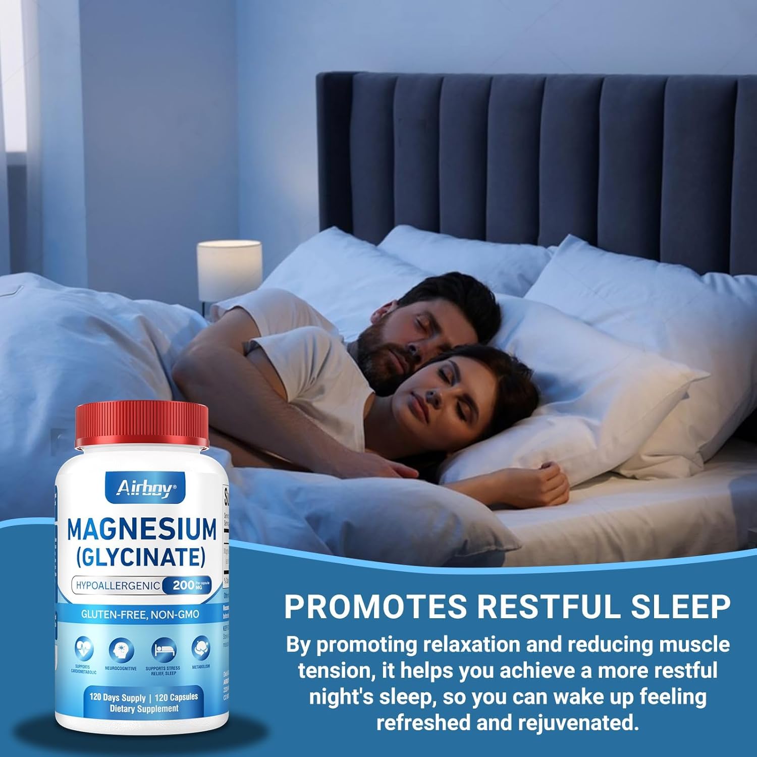 Premium Airboy Magnesium Glycinate 200mg Capsules for Sleep & Relaxation - 120 Vegan Caps, High Absorption, Non-GMO & Gluten-Free