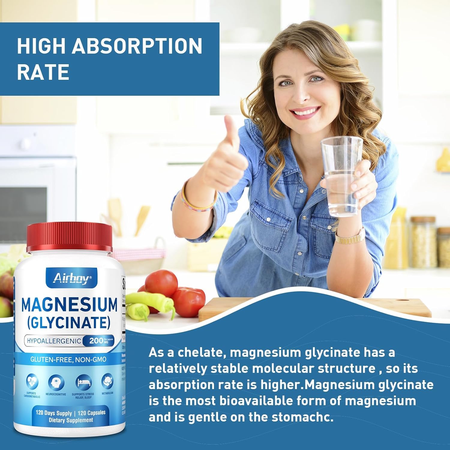 Premium Airboy Magnesium Glycinate 200mg Capsules for Sleep & Relaxation - 120 Vegan Caps, High Absorption, Non-GMO & Gluten-Free