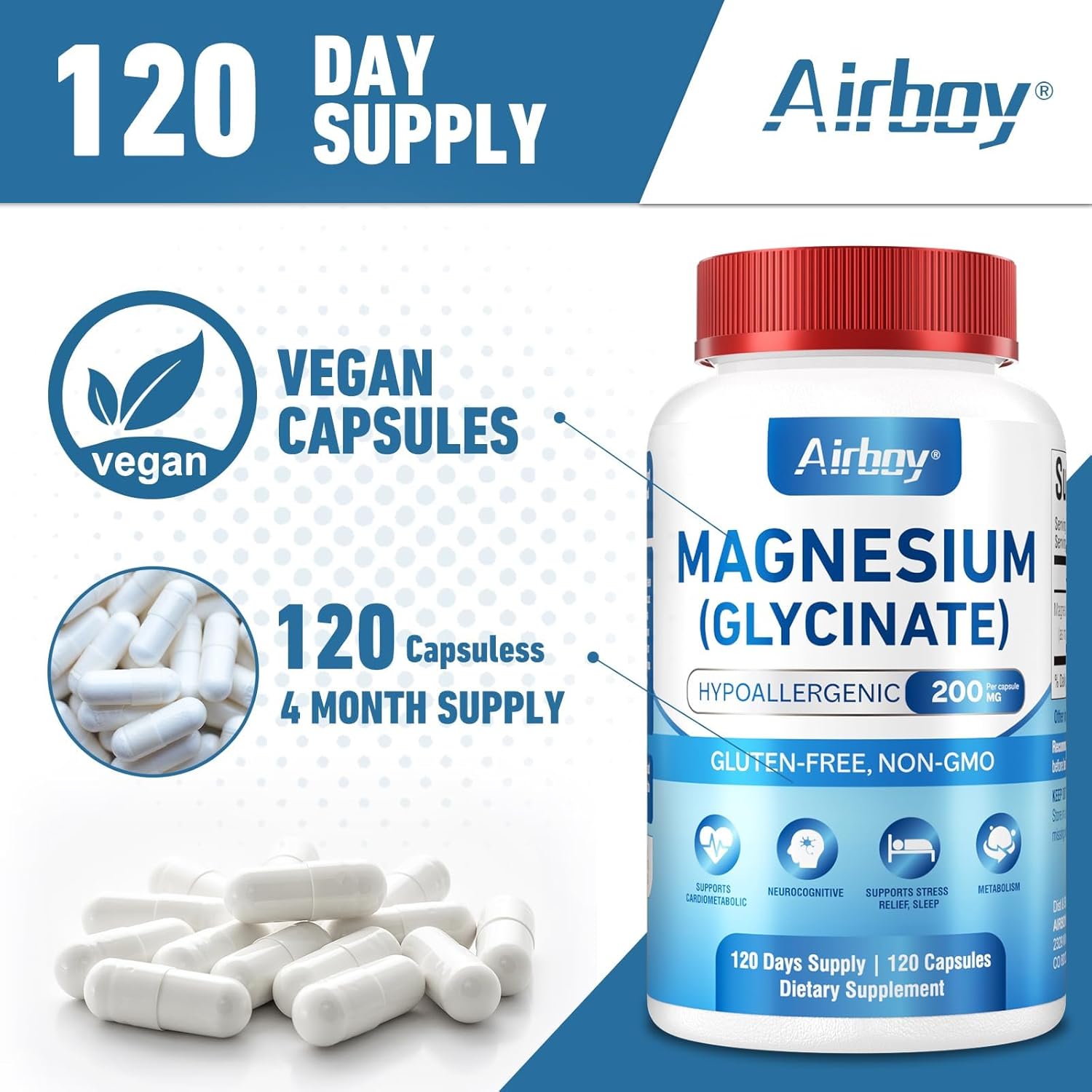 Premium Airboy Magnesium Glycinate 200mg Capsules for Sleep & Relaxation - 120 Vegan Caps, High Absorption, Non-GMO & Gluten-Free