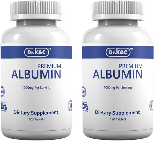 Premium Albumin Protein Supplement - Dr.K&C Extra Strength 1000mg Tablets for Healthy Kidney & Liver, General Wellness, Energy Support - 2 Pack
