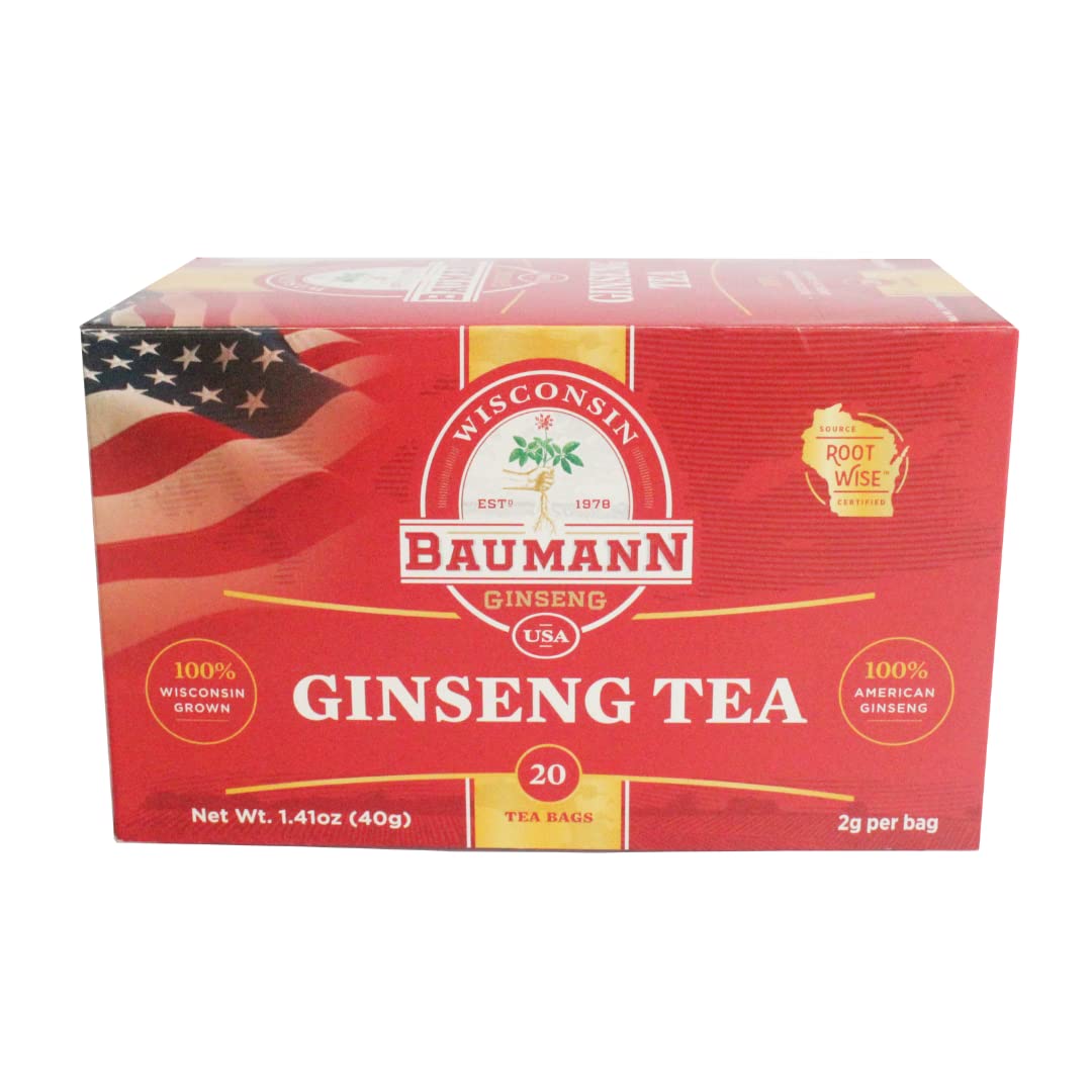 Premium American Ginseng Tea Bags - Baumann Wisconsin Panax Ginseng Herbal Tea (20 Bags) - Antioxidant Green Tea for Energy & Focus - USA Grown - Authentic Panax Ginseng