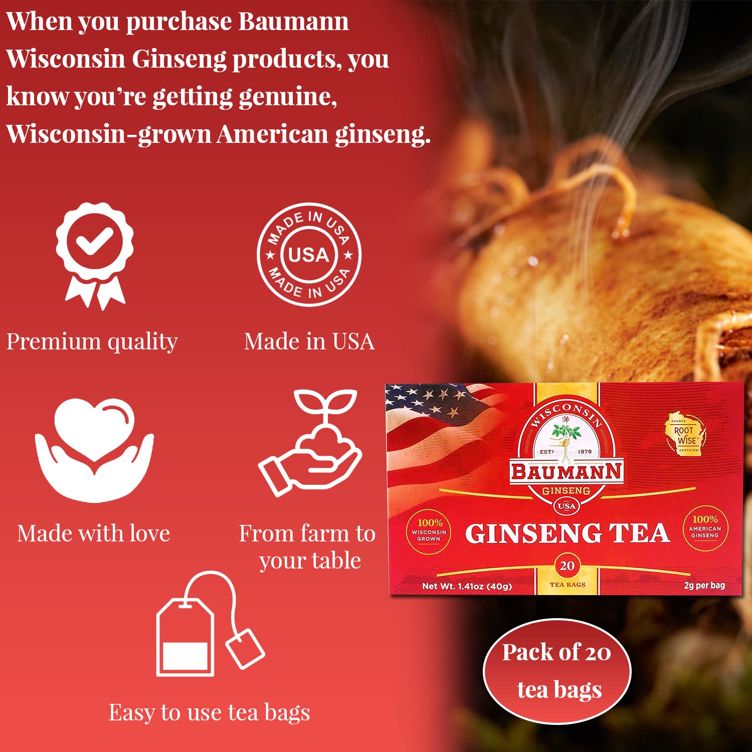 Premium American Ginseng Tea Bags - Baumann Wisconsin Panax Ginseng Herbal Tea (20 Bags) - Antioxidant Green Tea for Energy & Focus - USA Grown - Authentic Panax Ginseng