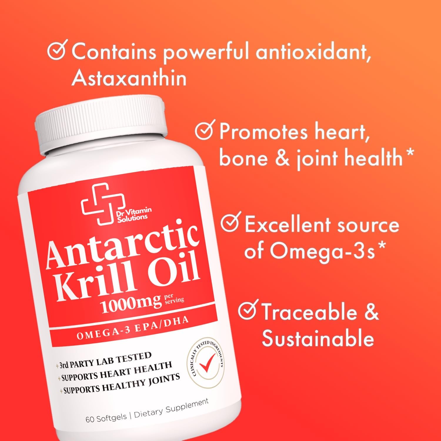 Premium Antarctic Krill Oil 1000mg - High Omega-3 EPA, DHA - Heart, Brain, Joint Health - Astaxanthin Blend, No Fishy Taste