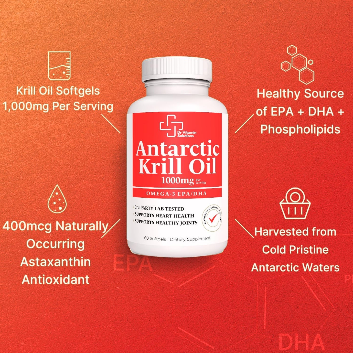 Premium Antarctic Krill Oil 1000mg - High Omega-3 EPA, DHA - Heart, Brain, Joint Health - Astaxanthin Blend, No Fishy Taste