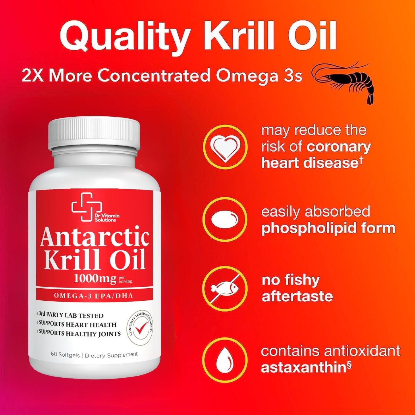 Premium Antarctic Krill Oil 1000mg - High Omega-3 EPA, DHA - Heart, Brain, Joint Health - Astaxanthin Blend, No Fishy Taste