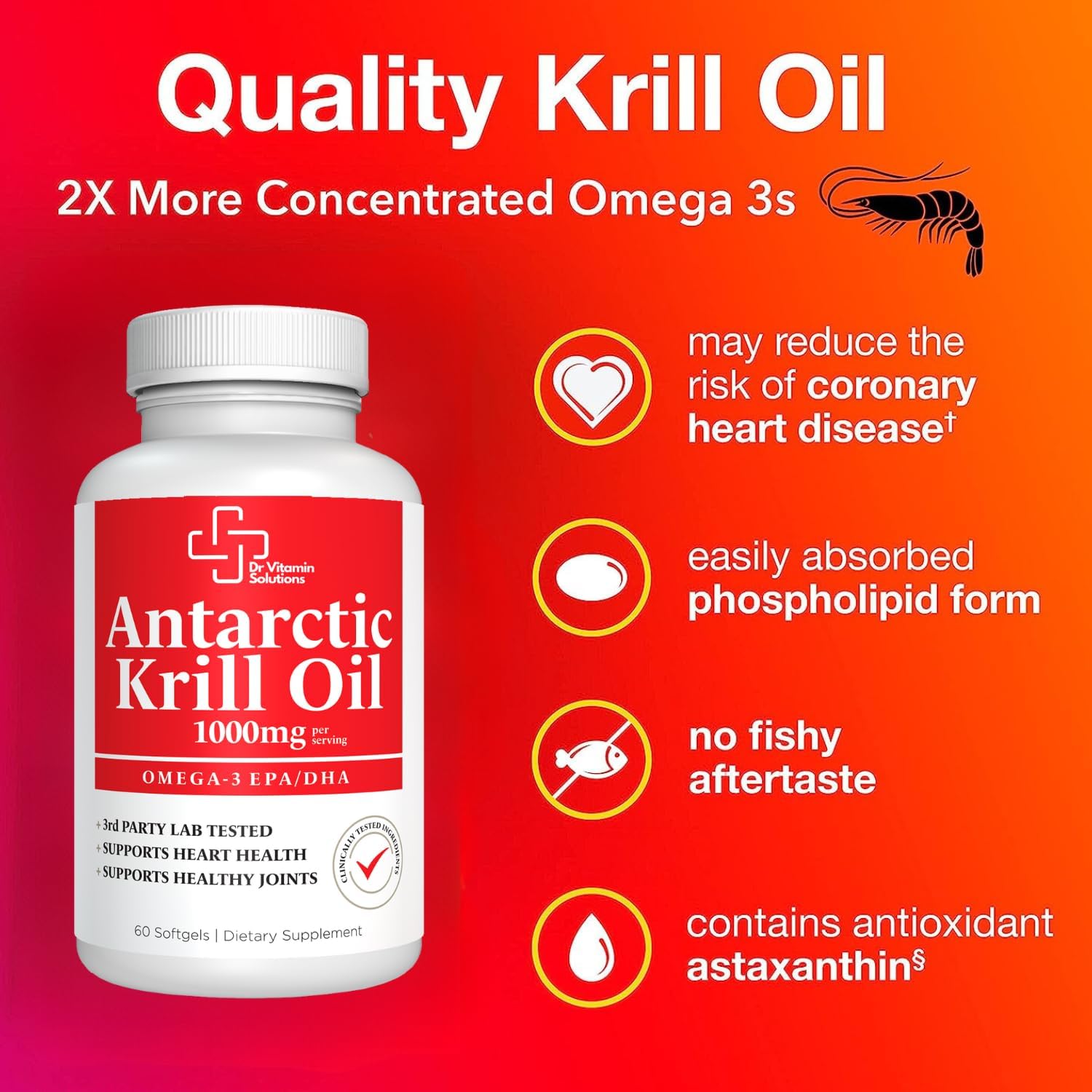 Premium Antarctic Krill Oil 1000mg - High Omega-3 EPA, DHA - Heart, Brain, Joint Health - Astaxanthin Blend, No Fishy Taste