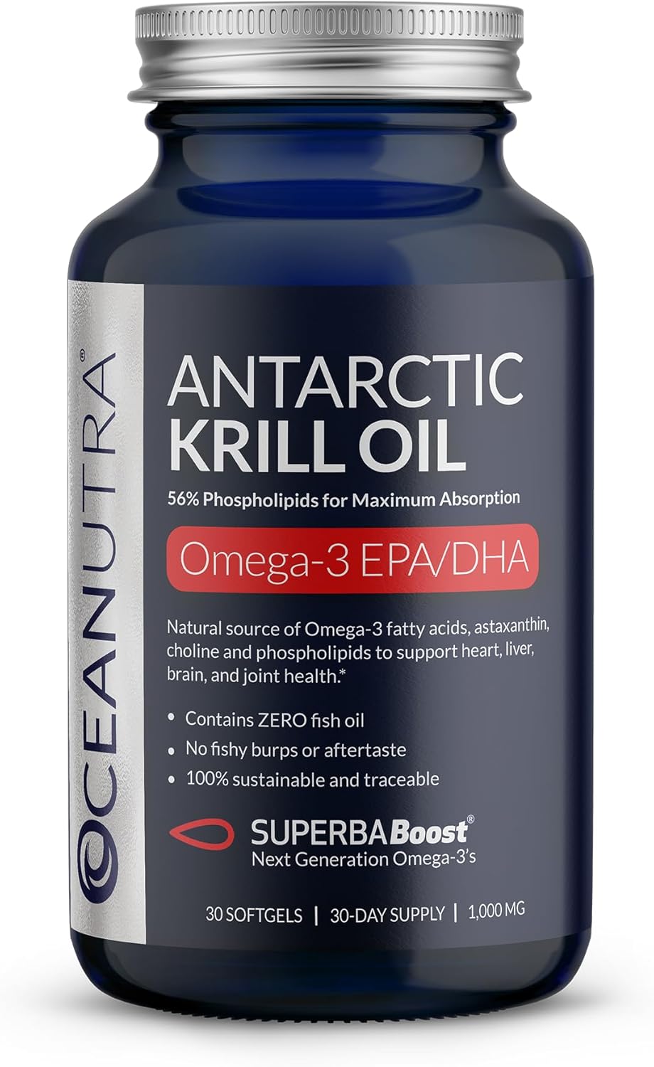 Premium Antarctic Oceanutra Krill Oil 1000mg - High Concentration Omega-3 with Phospholipids, Choline, Astaxanthin - Supports Heart, Brain, Joints, Skin - Sustainable SuperbaBoost - DHA, EPA - No Fish Oil