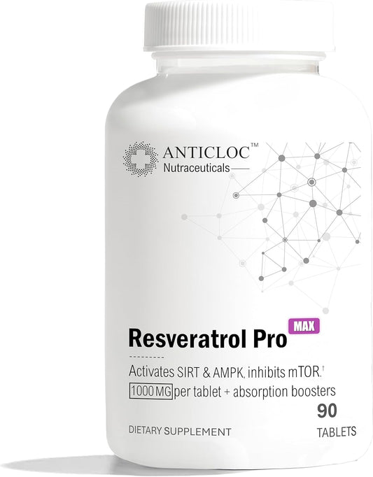 Premium AntiCloc Resveratrol 1000MG Tablets - 90 Day Supply | 98% Purity | 4X Absorption Formula | SIRT1 & AMPK Support | Autophagy | Longevity & Age Reversal