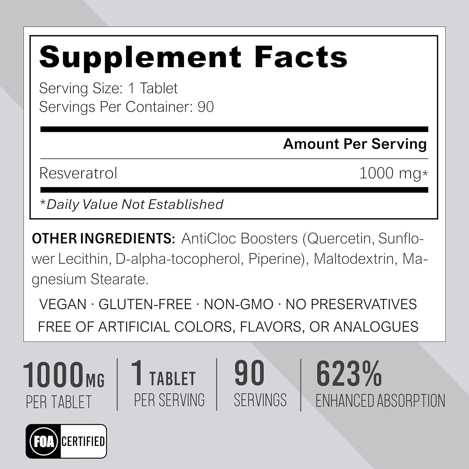 Premium AntiCloc Resveratrol 1000MG Tablets - 90 Day Supply | 98% Purity | 4X Absorption Formula | SIRT1 & AMPK Support | Autophagy | Longevity & Age Reversal