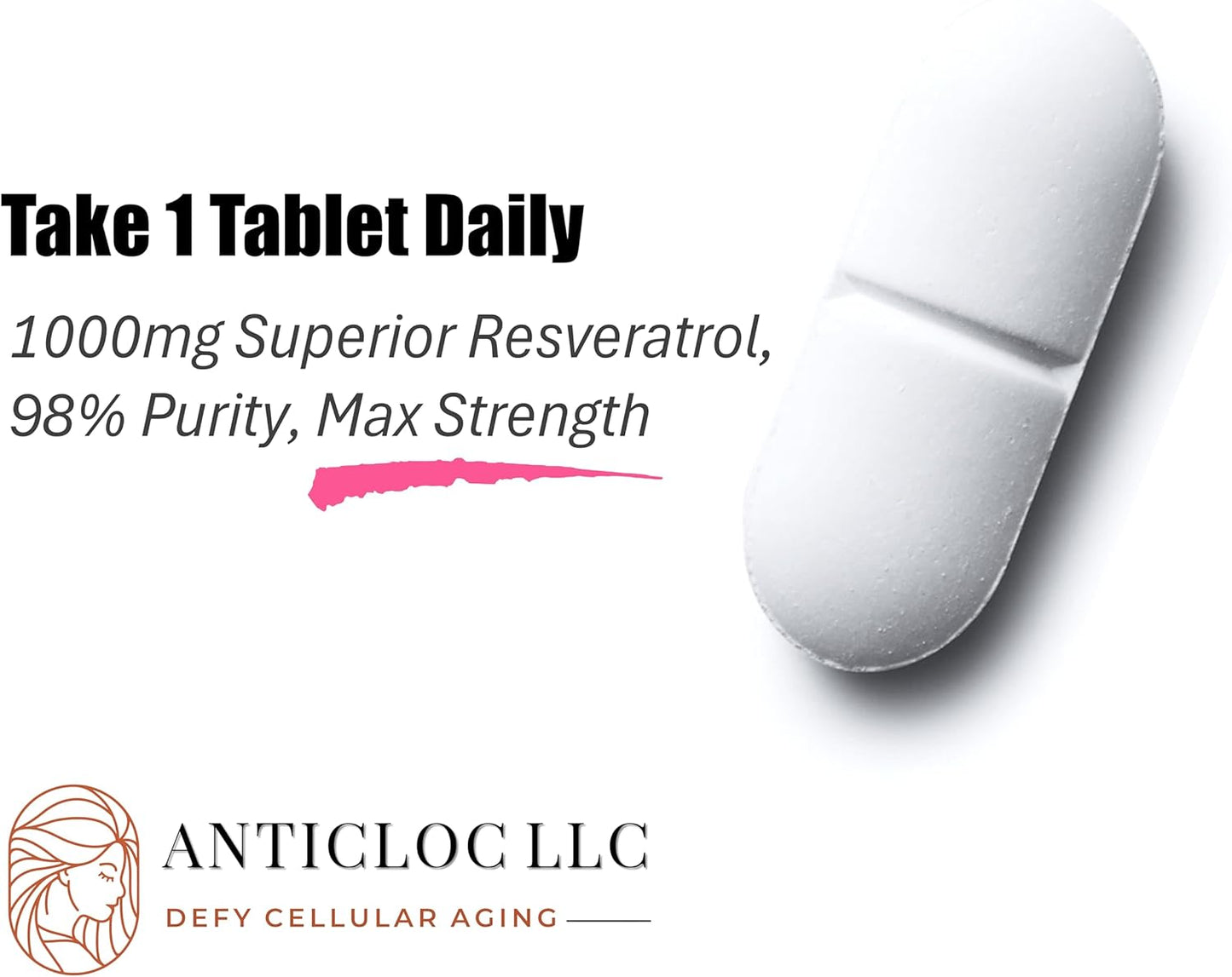 Premium AntiCloc Resveratrol 1000MG Tablets - 90 Day Supply | 98% Purity | 4X Absorption Formula | SIRT1 & AMPK Support | Autophagy | Longevity & Age Reversal