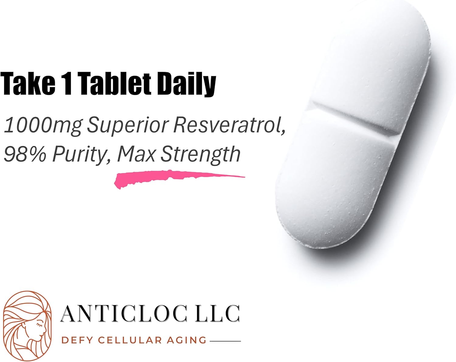 Premium AntiCloc Resveratrol 1000MG Tablets - 90 Day Supply | 98% Purity | 4X Absorption Formula | SIRT1 & AMPK Support | Autophagy | Longevity & Age Reversal