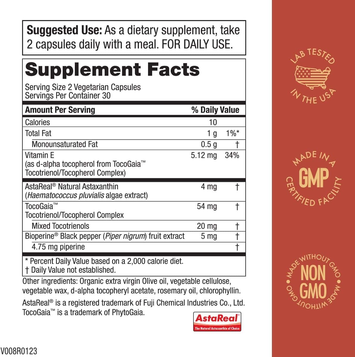 Premium AstaFX Astaxanthin Antioxidant Formula with Clinically Proven 4mg AstaREAL, Tocotrienols, BioPerine, Piperine - 60 Capsules