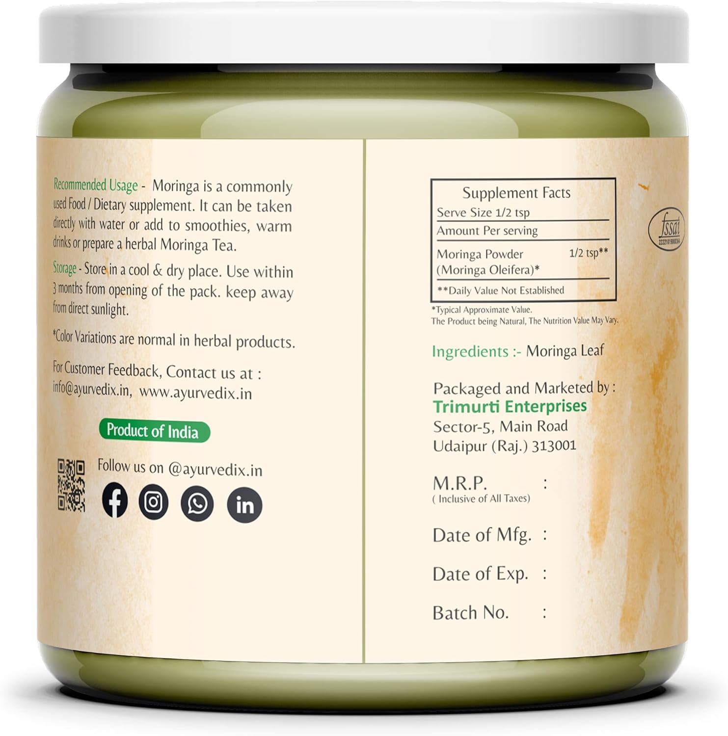 Premium Ayurvedic Organic Moringa Oleifera Leaf Powder for Hair Growth - Natural Antioxidant-Rich Supplement from India 5.29 Oz